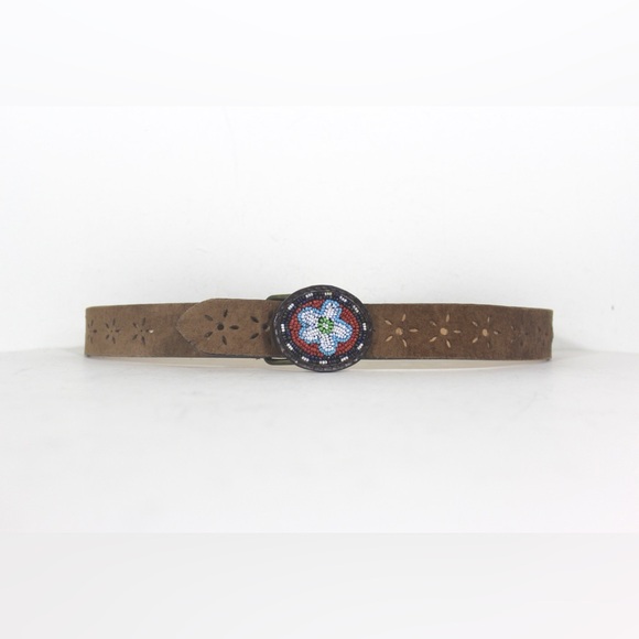 Pig Skin Suede Leather Belt with Floral Cutouts and Beaded Buckle - Picture 2 of 7